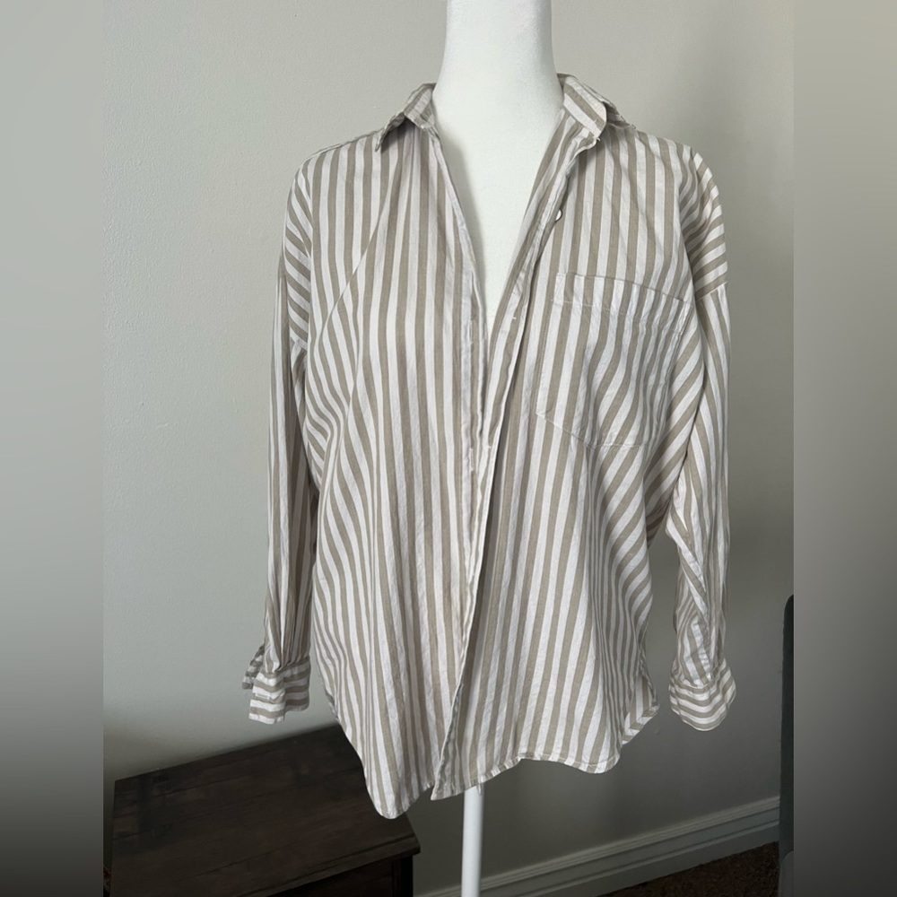 PARADISE | Tan & White Striped Boxy Button Up Long Sleeve Top